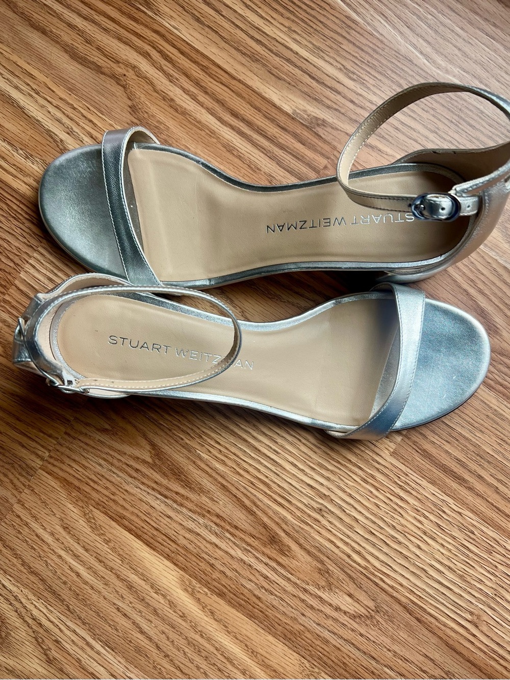 Stuart Weitzman Silver Open-Toe Ankle Strap Heels - Size 8.5